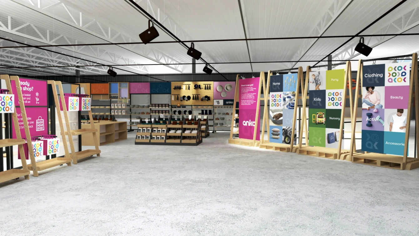 Interior of an Anko retail store featuring brightly colored signs and wooden shelving displays with sections labeled for home, kids, party, clothing, beauty, active, and accessories. 