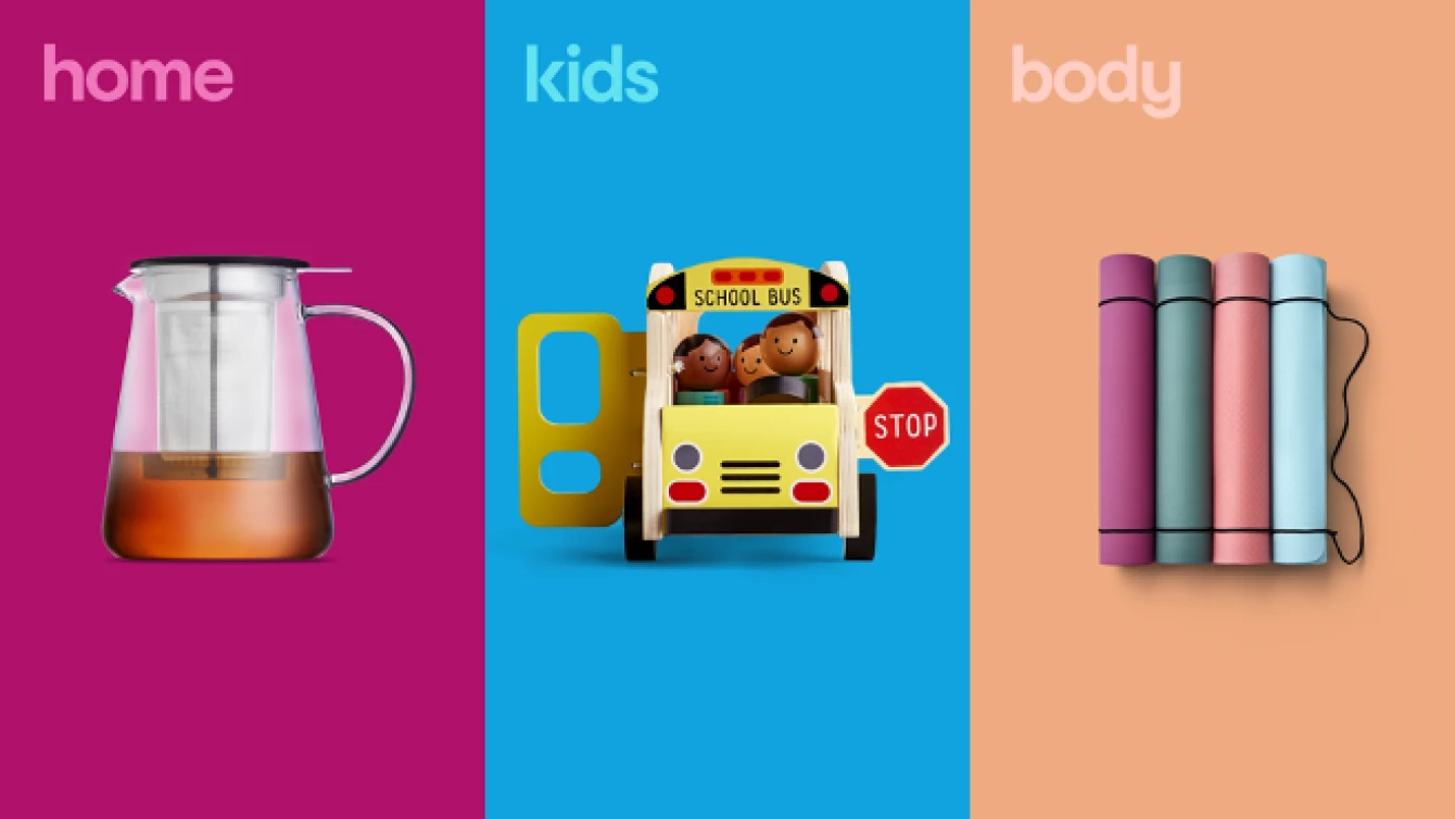 An Anko promotion divided into three vertical sections labeled 'home,' 'kids,' and 'body.' The sections feature a glass teapot, a wooden school bus toy, and four rolled-up yoga mats.