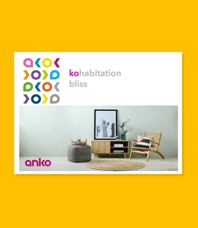 A promotion for Anko with the Anko logo and the tagline "kohabitation bliss". The bottom section displays a photo showcasing home furniture and art.