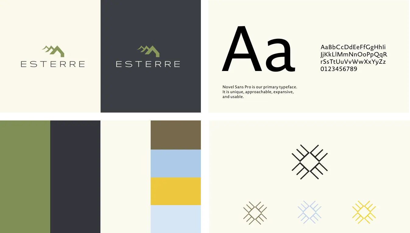 Esterre branding guide showcasing logo, colors, typography, and geometric iconography for luxury real estate.