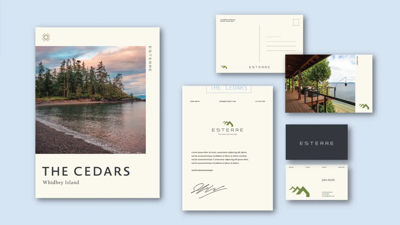 Esterre's print collateral for The Cedars property, featuring branded postcards and letterhead.