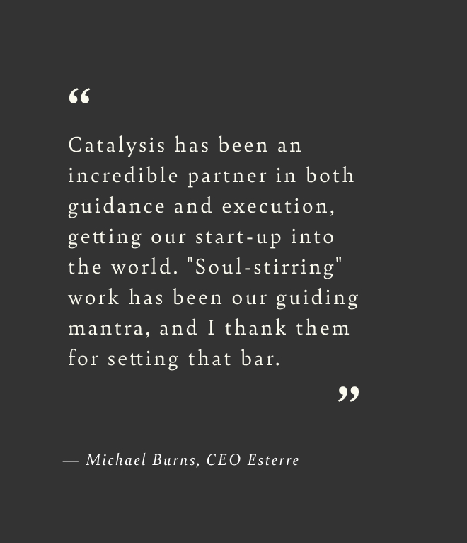 Testimonial from Esterre's CEO praising Catalysis for helping launch the brand with 'soul-stirring' work.