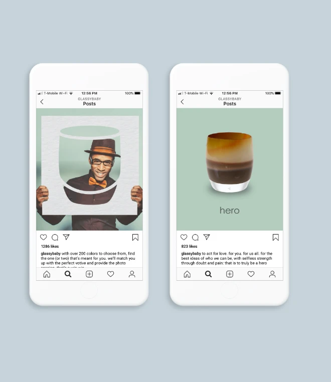 Two smartphone screens displaying Instagram posts from Glassybaby featuring a man holding up a graphic of their candle and their 'hero' votive candle.