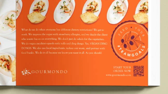 Close-up of a Gourmondo ad with gourmet appetizers. The text highlights Gourmondo's catering to dietary restrictions, use of local ingredients, waste reduction, and food bank partnerships.