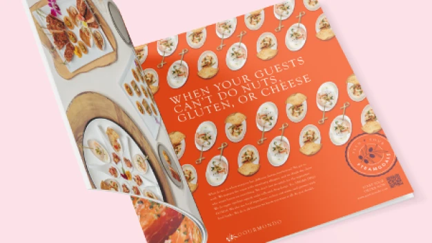 An open magazine ad showing an assortment of appetizers and emphasizing Gourmondo's dedication to providing delicious, allergen-free catering options for various dietary restrictions.