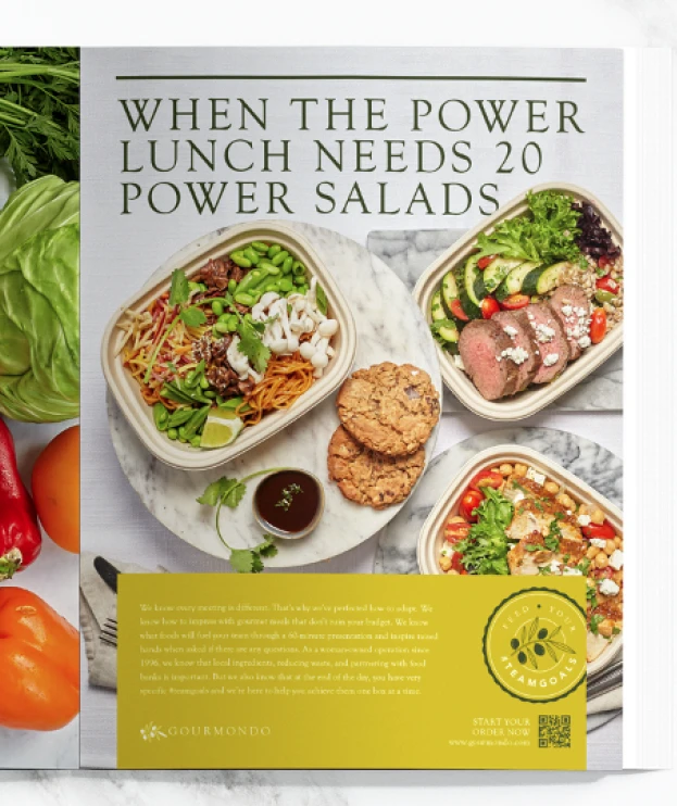 An Gourmondo advertisement featuring the text "When the power lunch needs 20 power salads" with an assortment of colorful and nutritious salads.