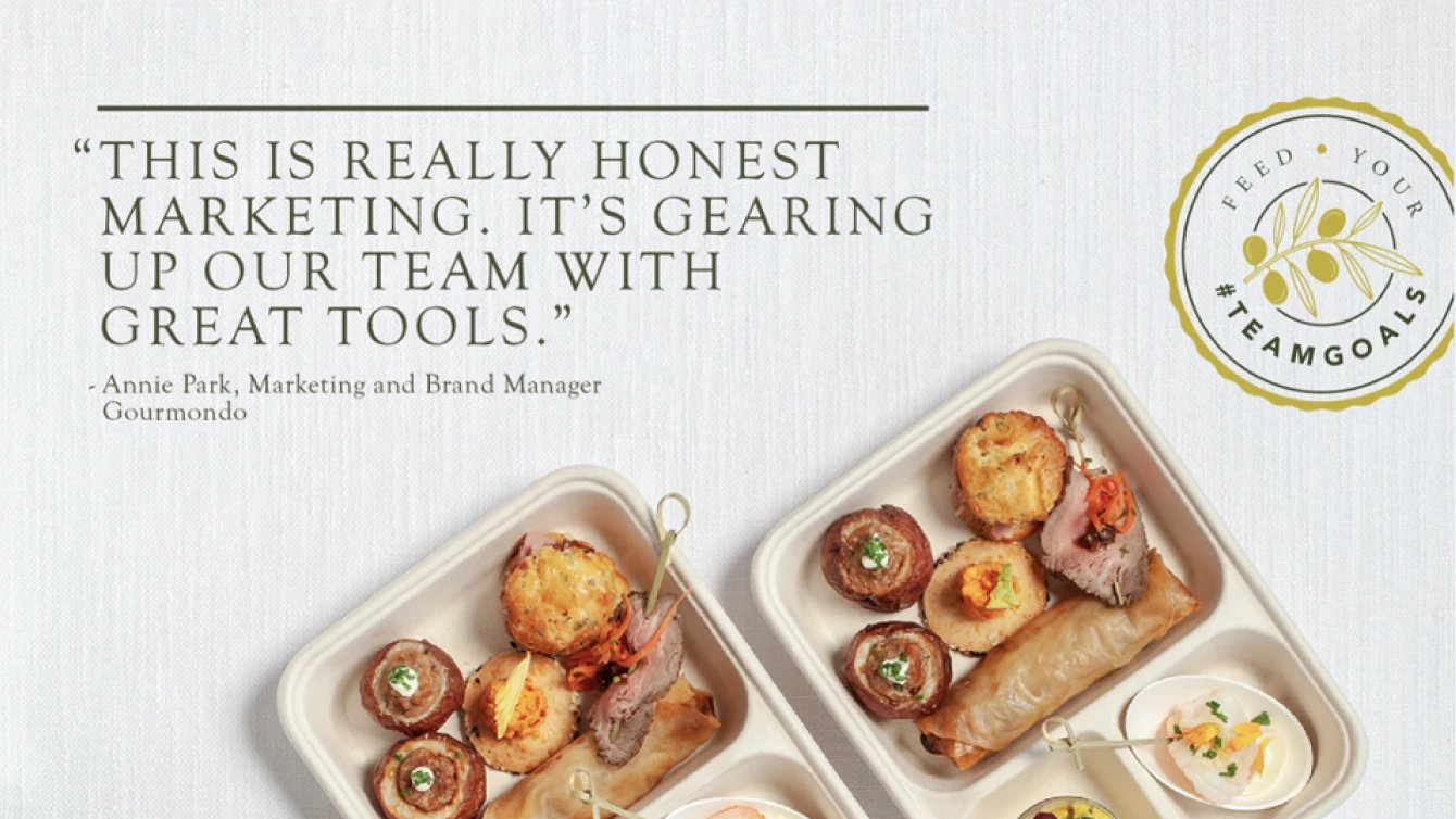 A Gourmondo testimonial stating, "This is really honest marketing. It's gearing up our team with great tools." and two trays of gourmet appetizers.