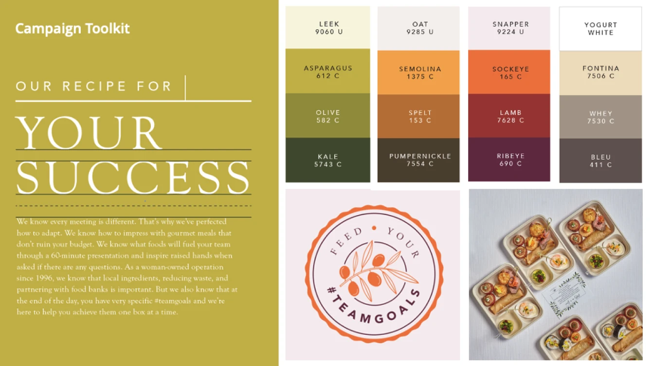 A campaign toolkit featuring Gourmondo's brand elements with food names for the color palette. The toolkit showcases the message "Our Recipe for Your Success," and appetizer platters.