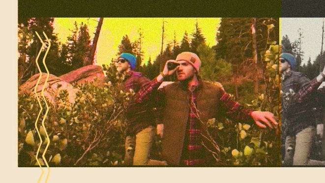 Two men in outdoor clothing navigate dense bushes in a forest, one using binoculars. The scene, with a vintage filter and warm tones, features tall trees and large rocks.