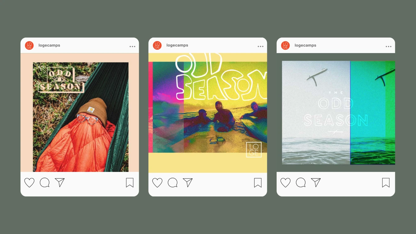 Three Instagram posts from logecamps, each featuring the text "ODD SEASON." Each post features outdoor activities and vibrant filters.