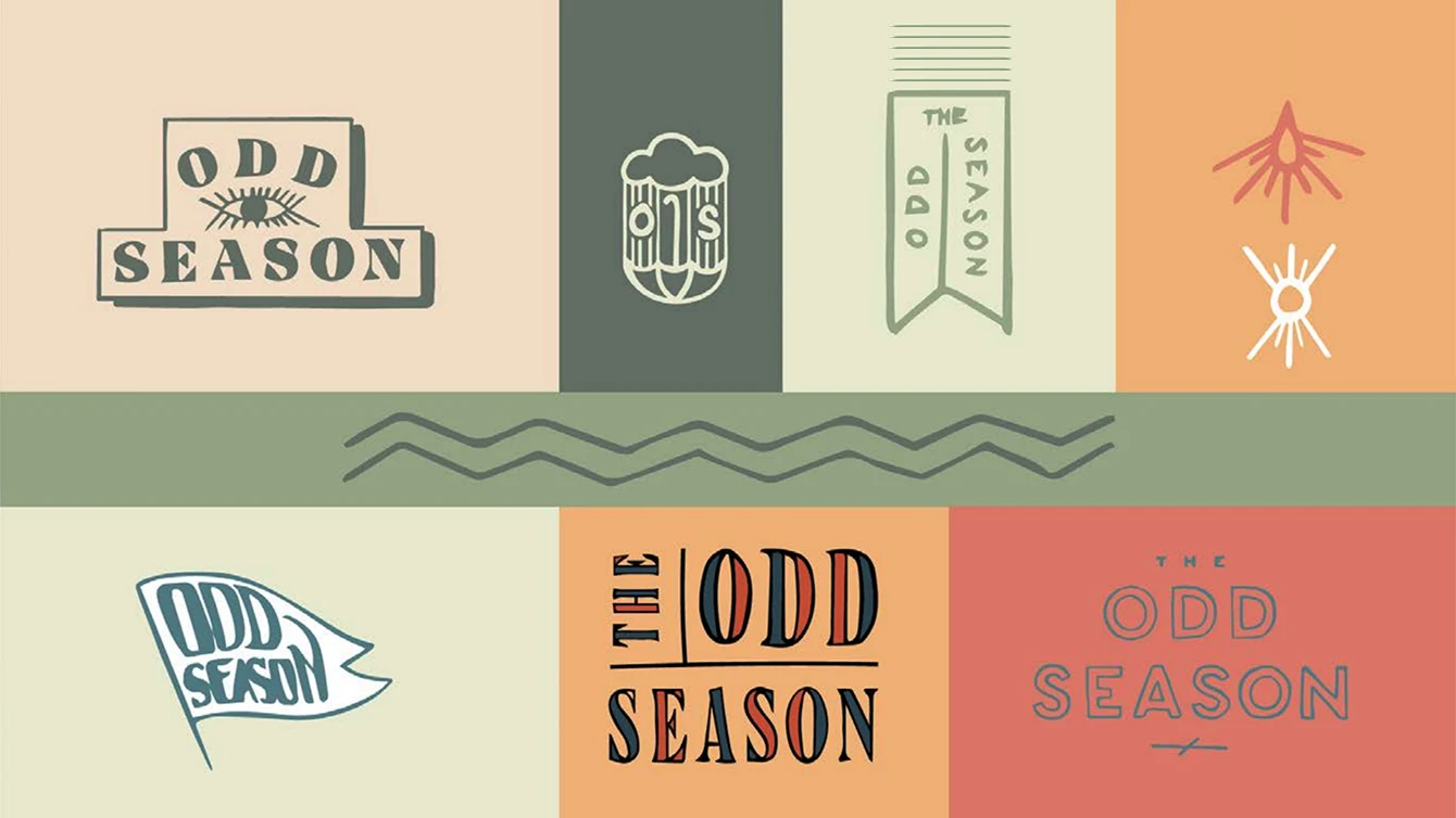 A collage of various designs, each featuring the phrase "ODD SEASON" in different fonts and styles. The overall aesthetic is retro and artistic.