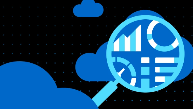 Illustration featuring a magnifying glass over various data charts and graphs, with blue clouds in the background, symbolizing cloud data analysis.