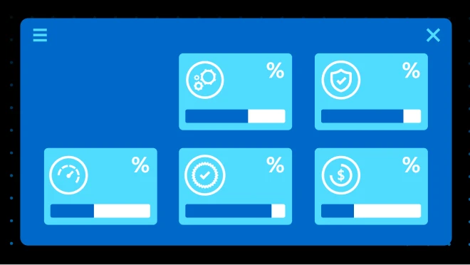 A blue dashboard interface displaying five progress bars, each with a different icon representing various metrics such as settings, security, speed, quality assurance, and financial savings.