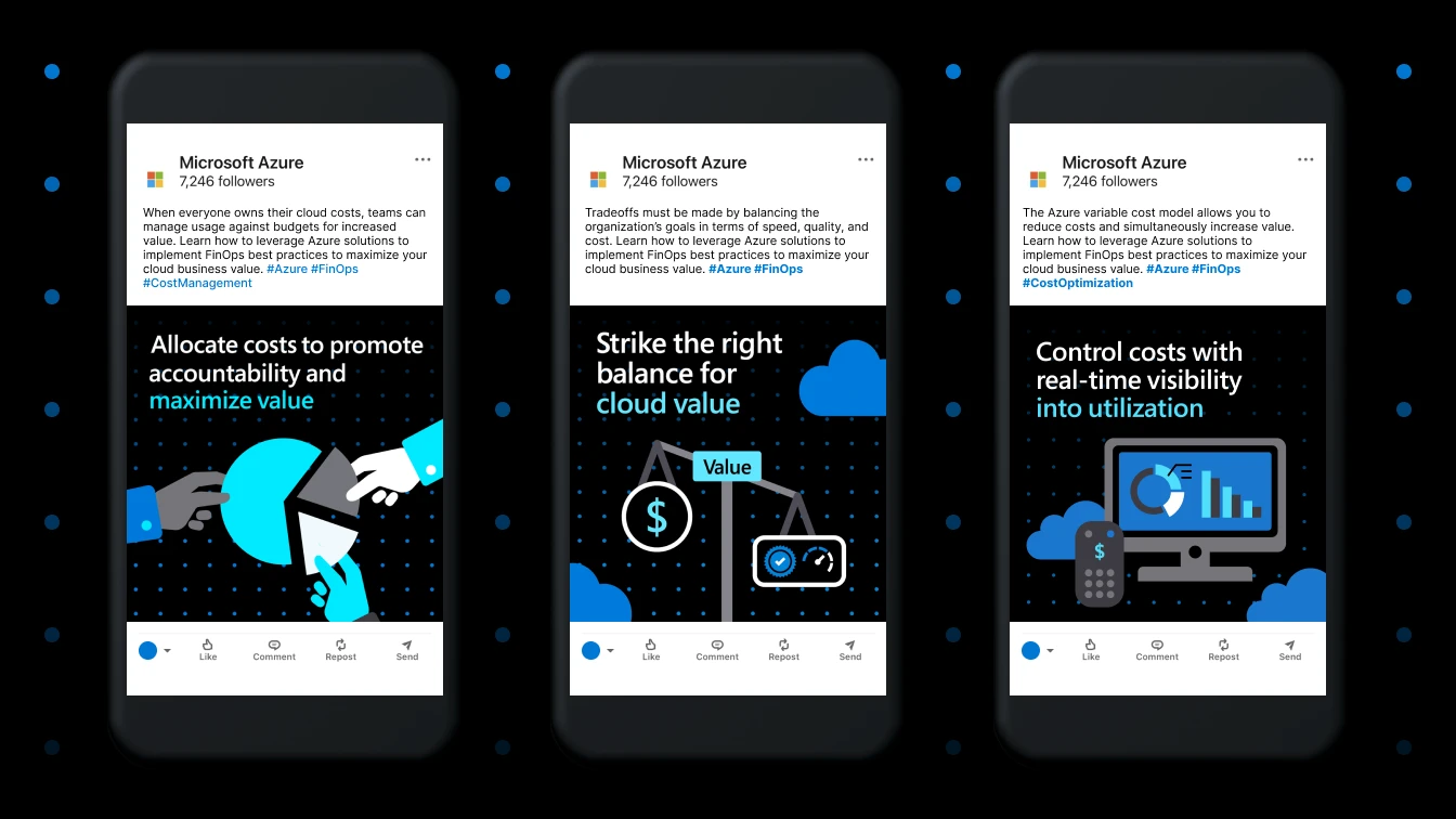 Three mobile screens displaying Microsoft Azure LinkedIn posts with text focusing on balancing cloud costs and graphics in the same color palette against a black background with blue dotted patterns.