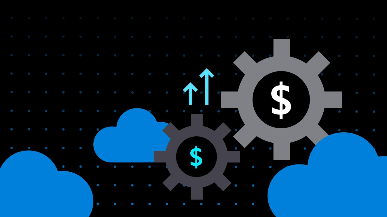 Illustration depicting financial growth with two gears featuring dollar signs and upward arrows, surrounded by blue clouds on a dark background with dotted patterns.