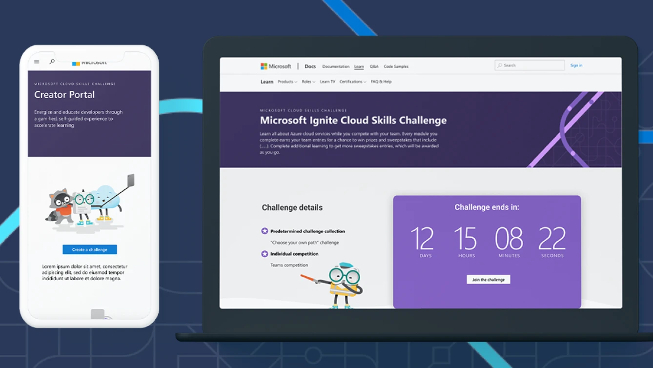 A side-by-side of two different views of Microsoft Ignite Cloud Skills Challenge displayed on a mobile phone and a laptop screen.