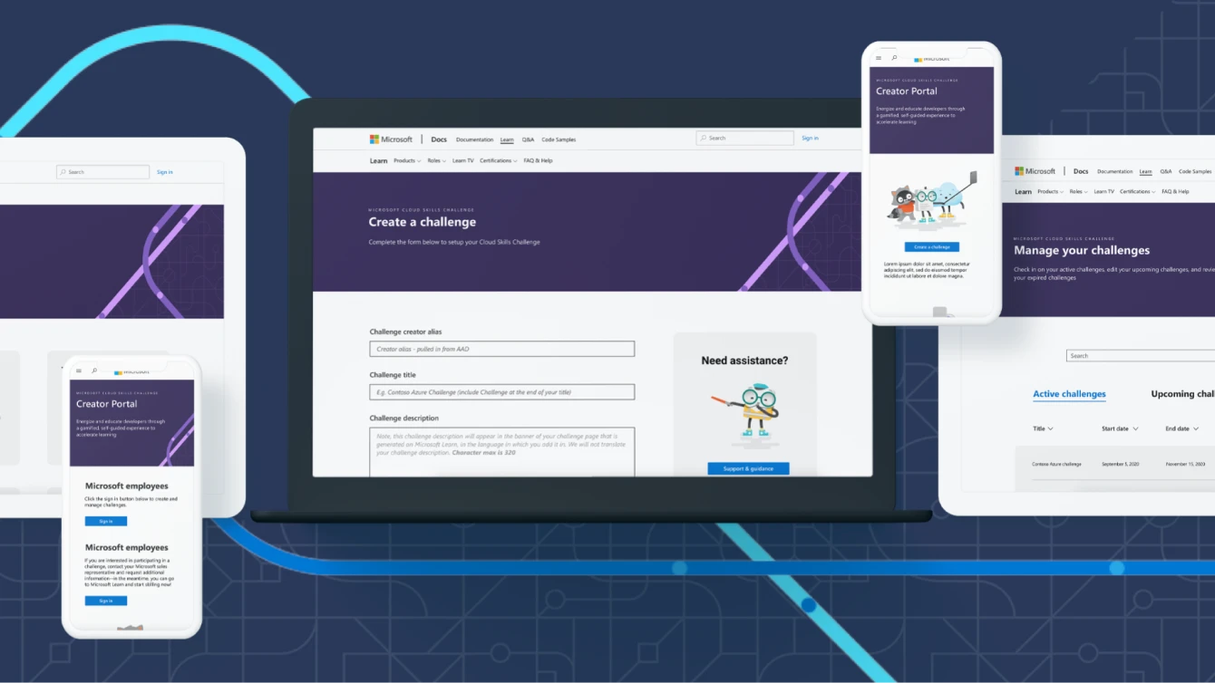 Multiple devices showing different views of the Microsoft Cloud Skills Challenge portal.