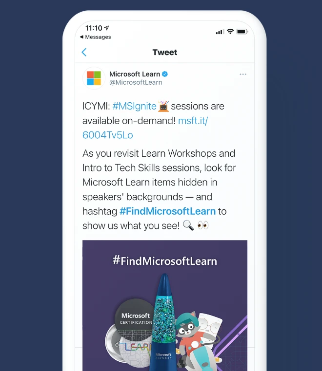 A mobile phone screen displaying a Twitter post from Microsoft Learn. The tweet announces that Microsoft Ignite sessions are available on-demand, and promotes the hashtag #FindMicrosoftLearn.