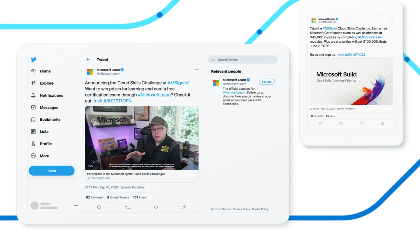 A desktop and tablet screen displaying Twitter posts from Microsoft Learn. Each feature tweets on Cloud Skills Challenges and the free Microsoft Certification or prizes available to those who complete a Challenge.