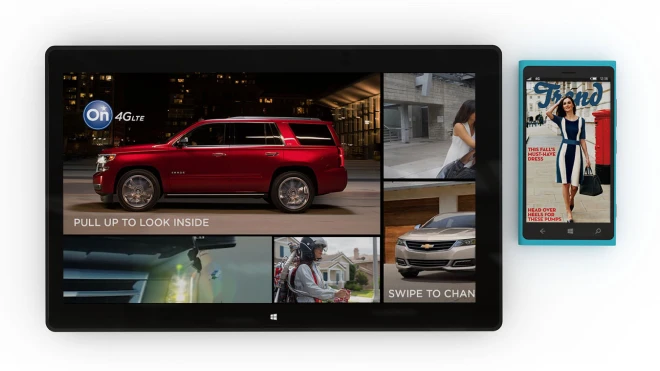 A tablet features various lifestyle images and a red SUV with the text 'Pull up to look inside.' A smartphone shows a woman with the text 'This fall’s must-have dress.'