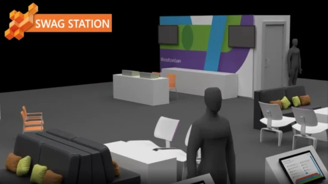 A digital rendering of a Microsoft event setup features a "SWAG STATION" sign, tables, chairs, couches with pillows and the Microsoft Learn logo on a wall with multiple screens.