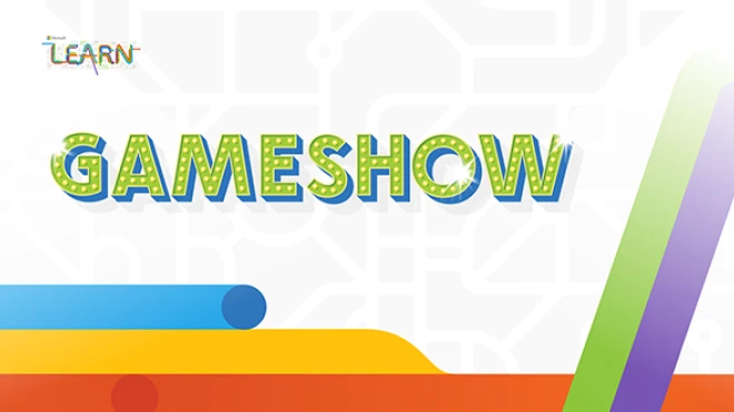 A white Microsoft Learn banner with "GAMESHOW" in bold, colorful letters with abstract patterns and multi-colored stripes at the bottom. The Microsoft Learn logo is in the top left corner.