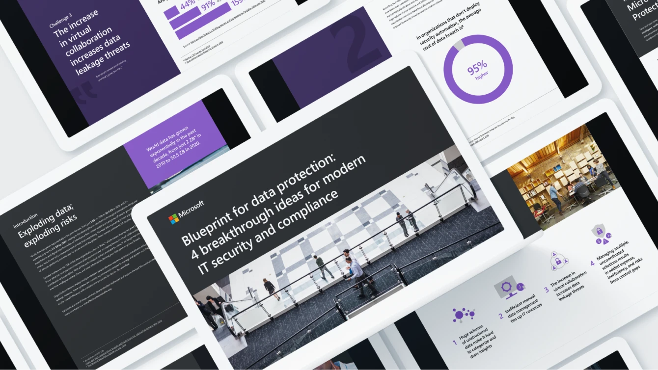 Multiple tablet screens displaying Microsoft’s "Blueprint for Data Protection" document, highlighting various data security threats.