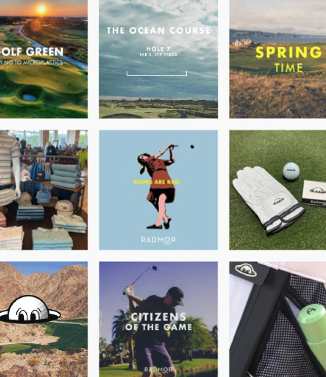 A grid of nine images showcases various golf-related scenes and products. Various slogans appear over some of the images.