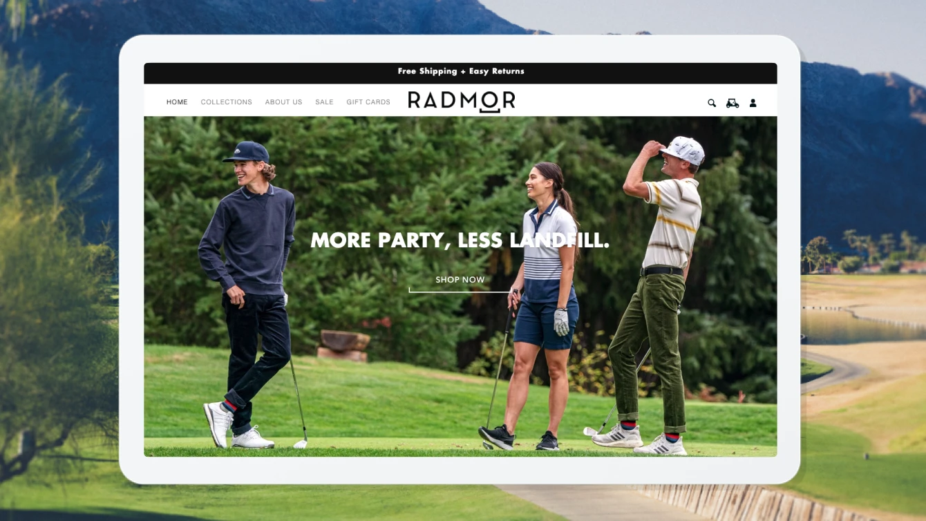 Radmor website is shown on a tablet against a golf course background. The website features three golfers on a course with the text "More party, less landfill" over the photograph.