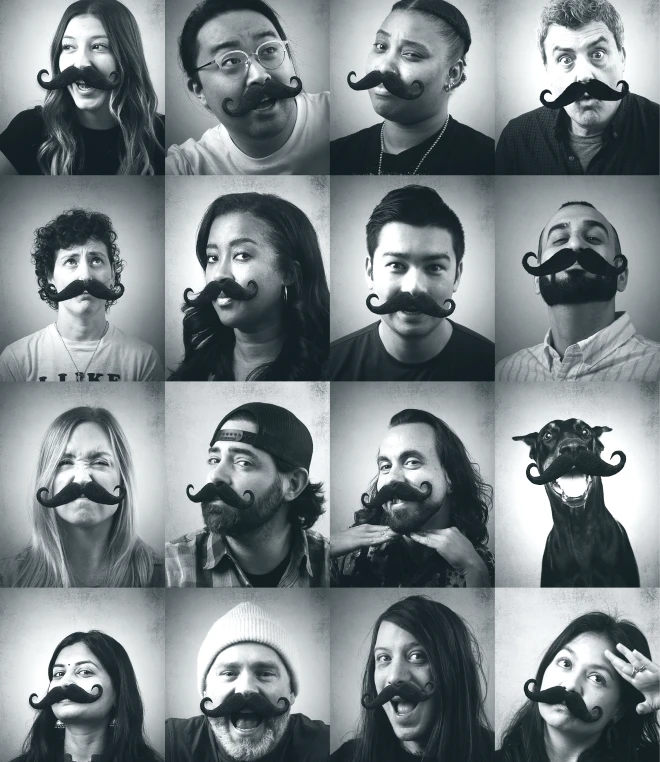 A black and white grid features sixteen portraits of people and one dog, all sporting a faux mustache and a range of expressions. 