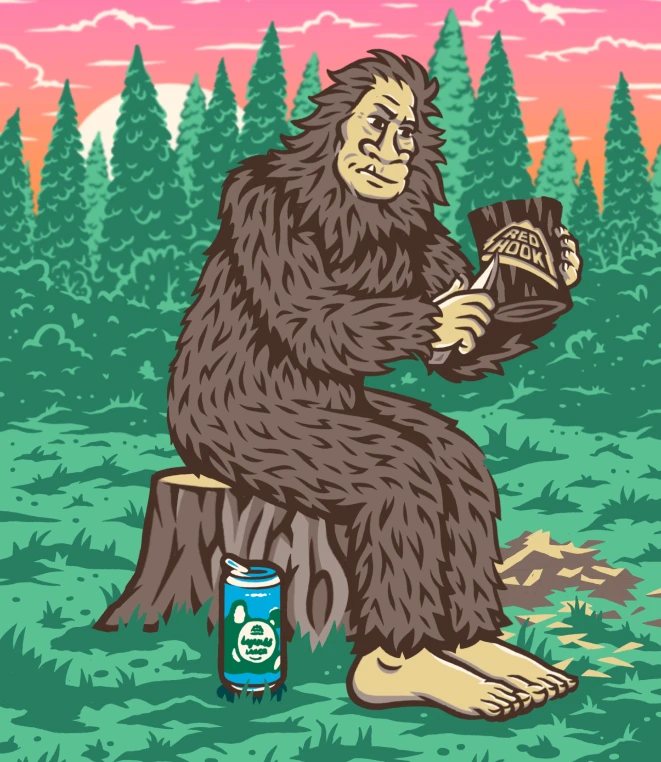 An illustration of a friendly sasquatch sitting on a tree stump in a forest clearing carving the Red Hook logo into a wooden mug with a can of Lagersquatch Lager at the foot of the stump.