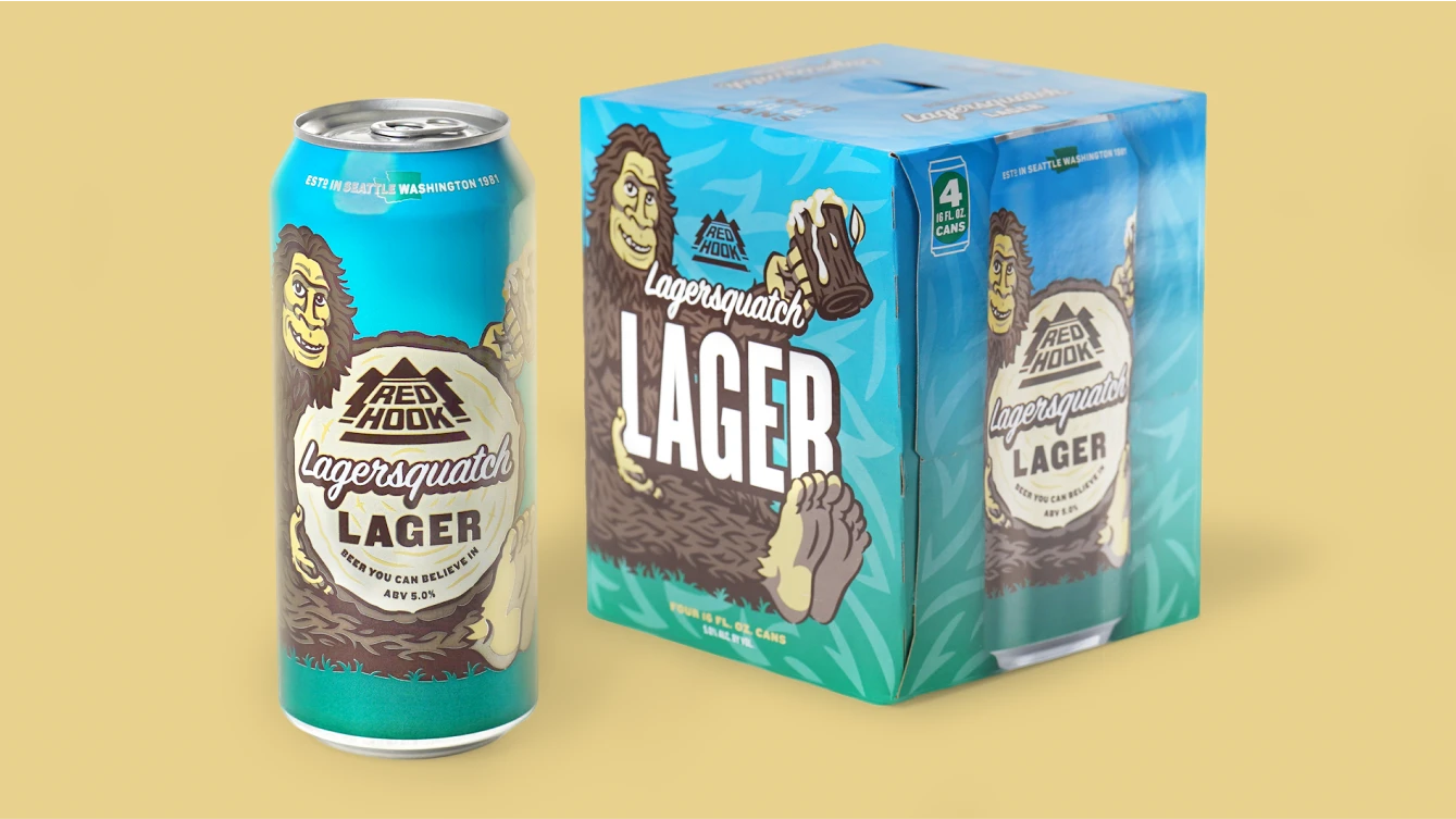 A product image a single can and a four-pack box of Red Hook's Lagersquatch Lager. The can design includes a friendly sasquatch holding a beer mug, with the text "Red Hook Lagersquatch Lager".