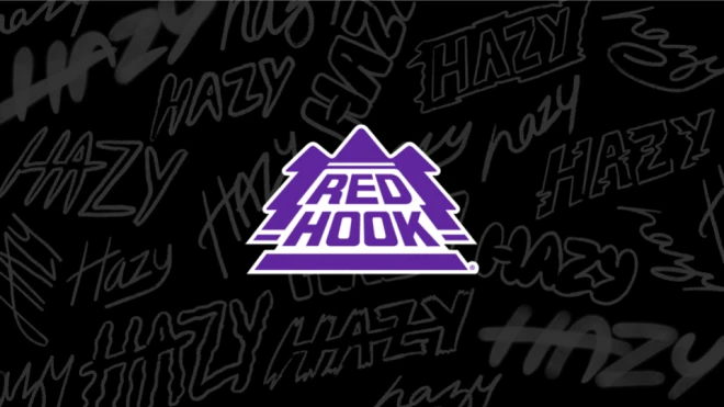 Red Hook logo in purple on a black background filled with various "Hazy" text designs in different fonts and styles, promoting the Hazy Big Ballard Imperial IPA beer.