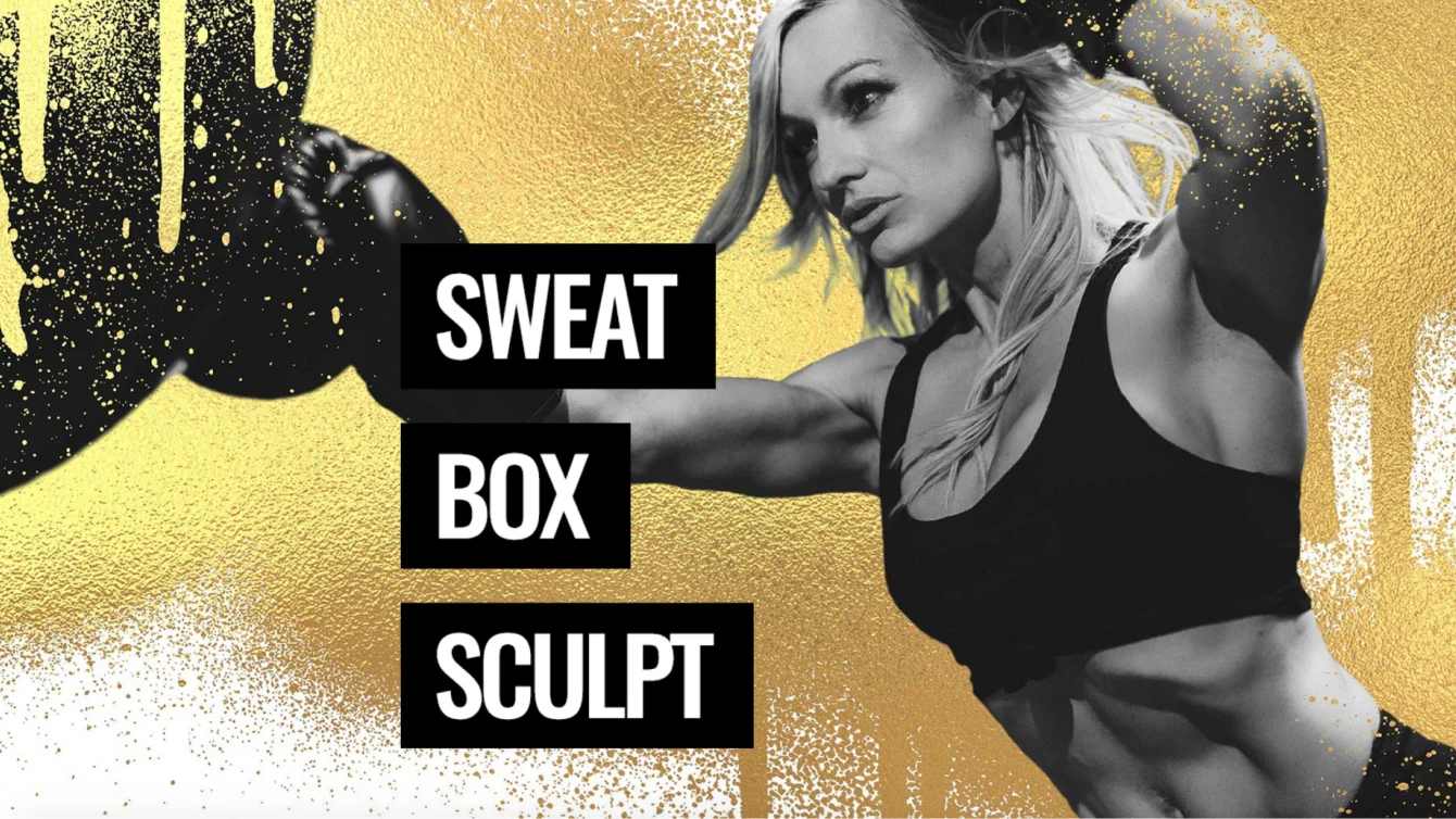 A woman in sportswear punches forward in a boxing Text on black boxes reads "Sweat Box Sculpt."