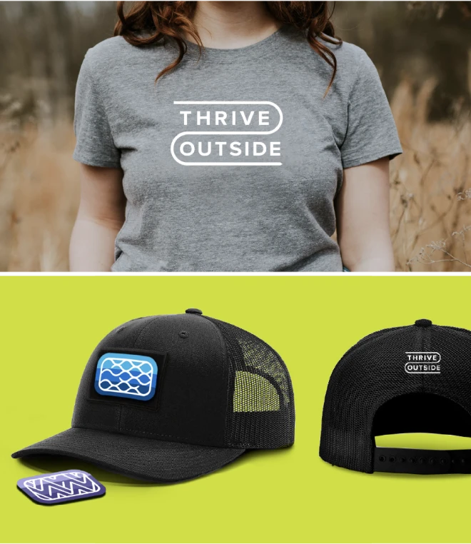 Two horizontal panels featuring a woman in a gray t-shirt with the "Thrive Outside" logo, and two views of a black hat below of the front graphic and "Thrive Outside" logo on the back.