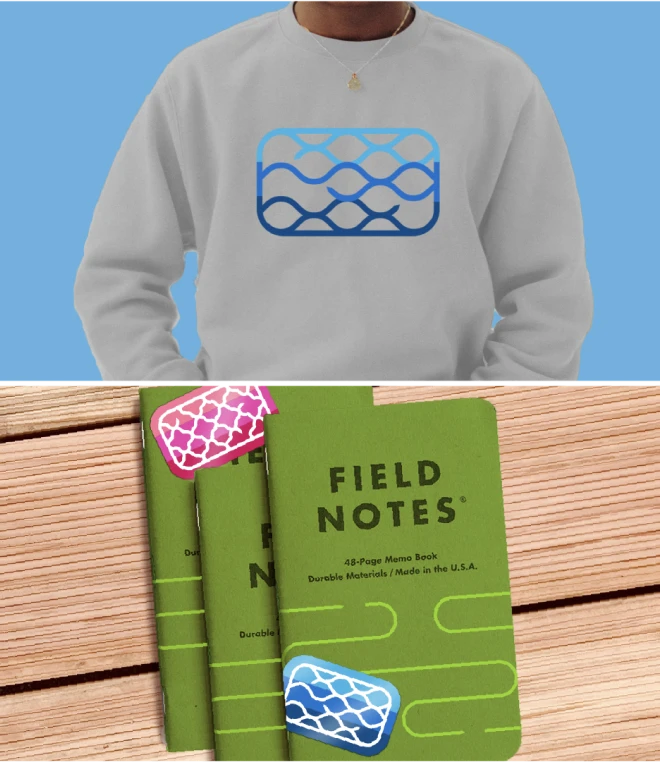 Two horizontal panels featuring a person wearing a gray sweatshirt with blue and white wave pattern on the top, and three overlapping "Field Notes" notebooks on a wooden surface below.