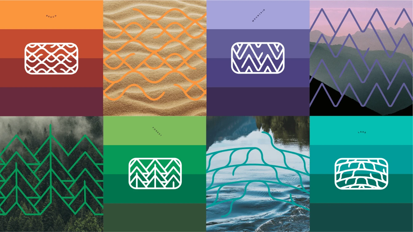 Eight panels of landscape photos featuring patterns overlaid on top next to a palette and design inspired by those patterns.