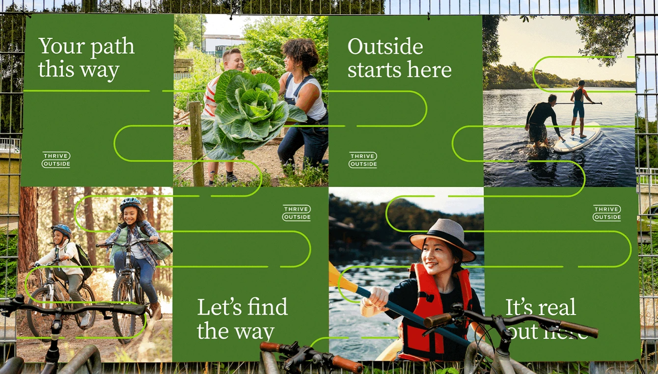 An outdoor-themed banner features the "Thrive Outside" initiative. The banner has four slogans urging people to go outside and four images of people enjoying the outdoors.