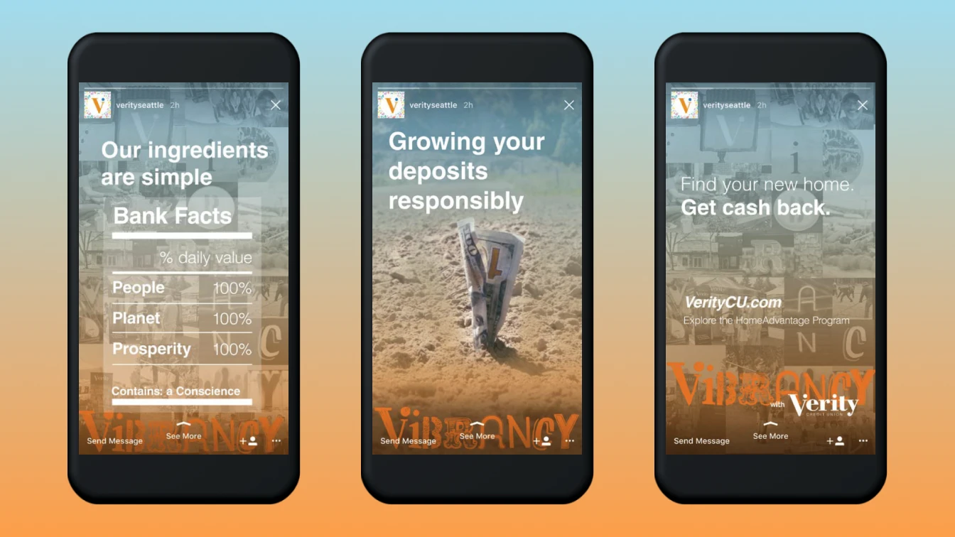 Three smartphone screens display social media stories from Verity Seattle featuring the text "Vibrancy" along the bottom. Each screen showcases a different story with vibrant imagery and text overlay.