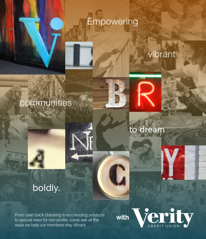 "VIBRANCY" depicted in various letter styles against a collage of photos. Text reads, "Empowering vibrant communities to dream boldly." The bottom mentions Verity Credit Union's offerings and logo.