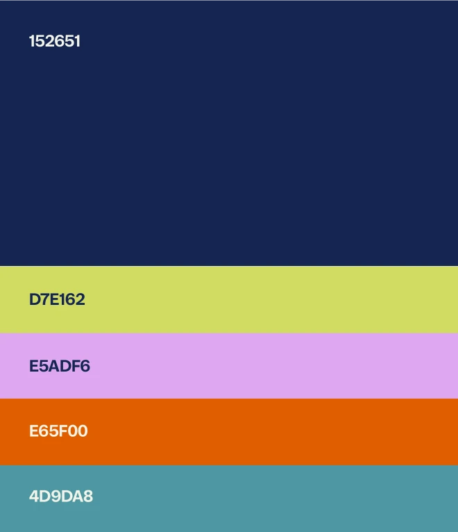 A color palette image featuring five horizontal color blocks. Each color block has its hex code displayed in a small, clear font, showcasing the distinct and vibrant color scheme.