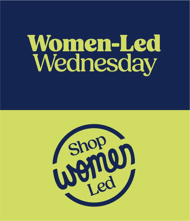 A promotional graphic alternating yellow and blue for "Women-Led Wednesday". The top reads "Women-Led Wednesday" and the bottom has a circular badge with "Shop Women Led" on a yellow background.