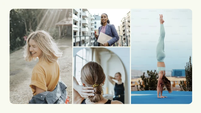 A collage of four images showcasing women in different empowering and serene activities. The overall theme of the collage is empowerment, well-being, and professional growth.